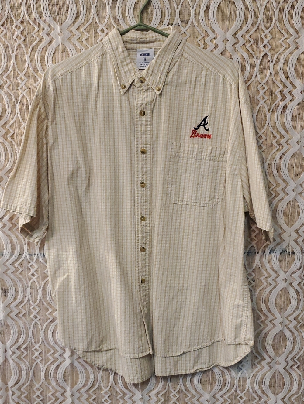 Atlanta Braves Button-Down Short Sleeve Shirt - Beige Plaid